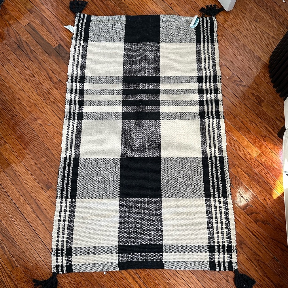 Black and Natural Plaid Rug with tassels